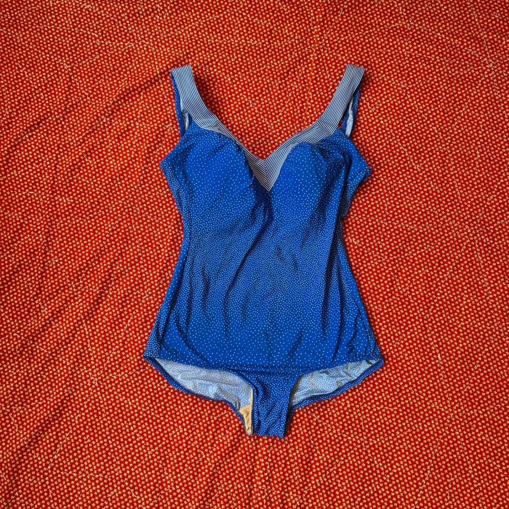 Vintage 1980s Maxine of Hollywood brand new Blue Polka Dot One Piece Swimsuit 16